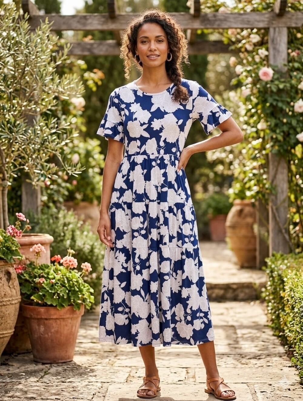 Tiffany & Grey Navy Blue Floral Tiered Maxi Dress Flutter Sleeve Medium M